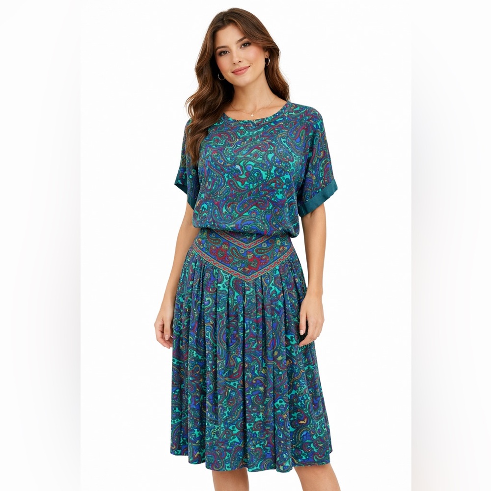Vintage Vibrant Paisley‎ Print fitted waist dress 14